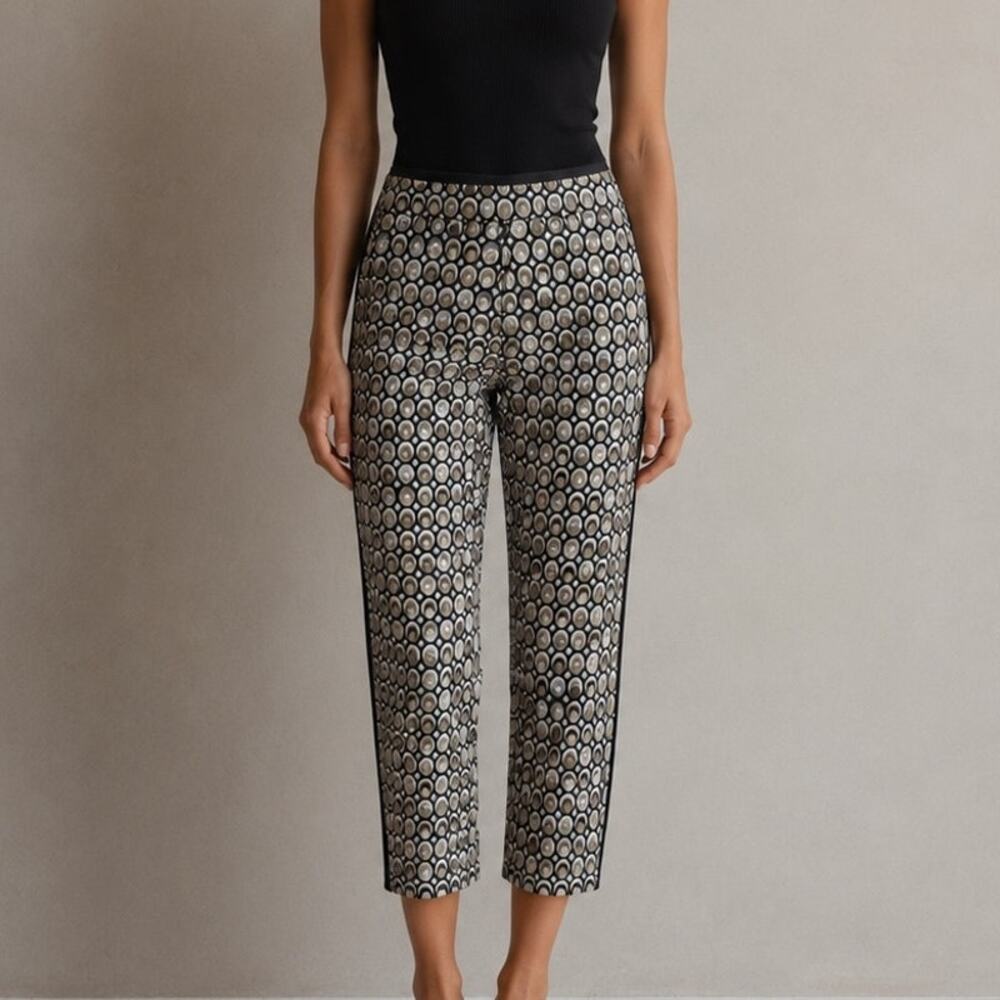 Racil Tan Gray Navy  Circle Print Side Satin  Stripe  Cropped Trouser 38 US2